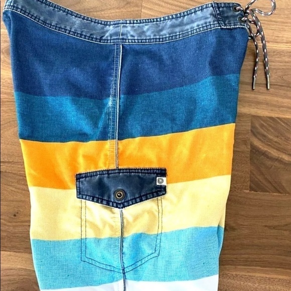 Men Ripcurl Sz 32 Board Shorts Swim Trunks Side Pocket Logo Blue Stripe 20" EUC - Picture 2 of 7